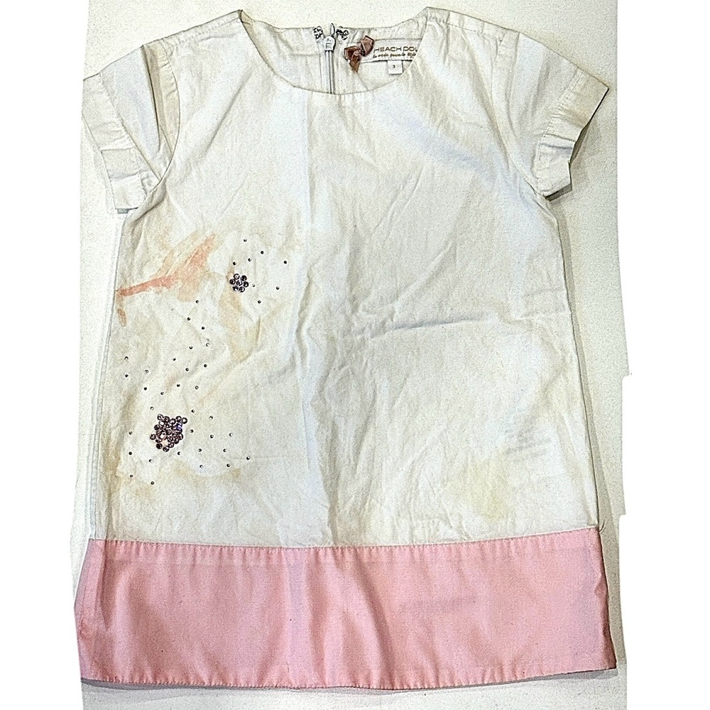 Short Sleeve Cotton A-Line Shirt Dress with Abstract Floral Rhinestone Motif